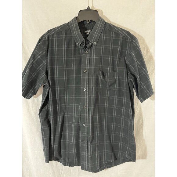 George Men's Short Sleeve Large (42-44) Black Plaid Button Down Shirt - Picture 1 of 6